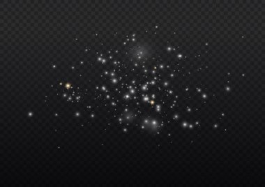 Şeffaf arkaplanda izole edilmiş pek çok sim parçacığı ile parlayan ışık efekti. Beyaz tozlu yıldız bulutu. Parlayan yıldızlar, ışıklar ve parıltılar. Noel tozu kıvılcımları. Vektör illüstrasyonu.
