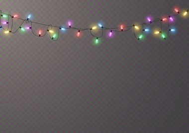 Xmas ve parıldayan ampullü yeni yıl çelenkleri. Noel tatili için parlayan ışıklar. Led neon lambası. Tellerin üzerinde parlak renkli ampuller. Dekoratif Xmas gerçekçi nesneleri. Vektör illüstrasyonu.