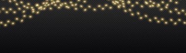 Xmas ve parıldayan ampullü yeni yıl çelenkleri. Noel tatili için parlayan ışıklar. Led neon lambası. Tellerde sarı ampuller parlıyor. Dekoratif Xmas altın gerçekçi nesneler. Vektör.