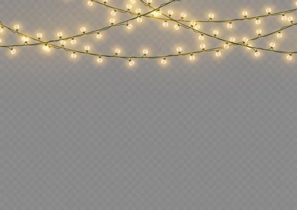 Navidad Año Nuevo Guirnaldas Doradas Con Bombillas Brillantes Luces Brillantes — Vector de stock