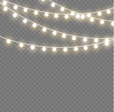 Xmas ve parıldayan ampullü yeni yıl çelenkleri. Noel tatili için parlayan ışıklar. Led neon lambası. Tellerde sarı ampuller parlıyor. Dekoratif Xmas altın gerçekçi nesneler. Vektör.