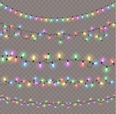 Xmas ve parıldayan ampullü yeni yıl çelenkleri. Noel tatili için parlayan ışıklar. Led neon lambası. Tellerin üzerinde parlak renkli ampuller. Dekoratif Xmas gerçekçi nesneleri. Vektör illüstrasyonu.