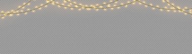 Xmas ve parıldayan ampullü yeni yıl çelenkleri. Noel tatili için parlayan ışıklar. Led neon lambası. Tellerde sarı ampuller parlıyor. Dekoratif Xmas altın gerçekçi nesneler. Vektör.
