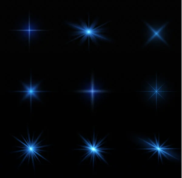 Star Burst Sparkles Shining Sun Rays Bright Flash Blue Glowing — Stockvektor