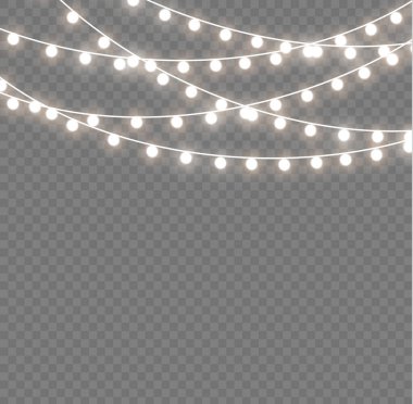 Xmas ve parıldayan ampullü yeni yıl çelenkleri. Noel tatili için parlayan ışıklar. Led neon lambası. Tellerde sarı ampuller parlıyor. Dekoratif Xmas altın gerçekçi nesneler. Vektör.