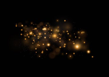 Soyut altın bokeh ışıkları ve parıltılar. Yıldız tozu, mercek patlaması. Sihirli bulanık altın tozu. Noel sarı ışık yıldız tozu, kıvılcımlar. Muhteşem ışıltı efekti. Xmas 'ın arka planı parıldıyor. Vektör