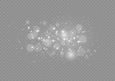 Soyut gümüş bokeh ışıkları ve parıltılar. Yıldız tozu, mercek patlaması. Sihirli bulanık beyaz toz. Noel ışığı tozu, kıvılcımlar. Muhteşem ışıltı efekti. Xmas 'ın arka planı parıldıyor. Vektör