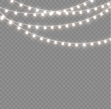 Xmas ve parıldayan ampullü yeni yıl çelenkleri. Noel tatili için parlayan ışıklar. Led neon lambası. Tellerde sarı ampuller parlıyor. Dekoratif Xmas altın gerçekçi nesneler. Vektör.