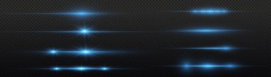 Lazer ışınları, yatay ışık ışınları. Soyut parlak mavi çizgi. Parlak çizgiler. Parlamalar ve parıltılar. Şeffaf mercek patlaması etkisi. Xmas parlak ışıklar. Noel flaşı. Vektör illüstrasyonu.