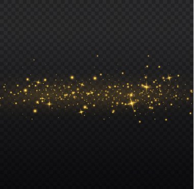 Şeffaf arkaplanda izole edilmiş pek çok sim parçacığı ile parlayan ışık efekti. Sarı tozlu yıldız bulutu. Parlayan altın yıldızlar, ışıklar ve parıltılar. Noel altın tozu kıvılcımlar saçar. Vektör