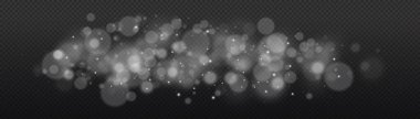 Soyut gümüş bokeh ışıkları ve parıltılar. Yıldız tozu, mercek patlaması. Sihirli bulanık beyaz toz. Noel ışığı tozu, kıvılcımlar. Muhteşem ışıltı efekti. Xmas 'ın arka planı parıldıyor. Vektör