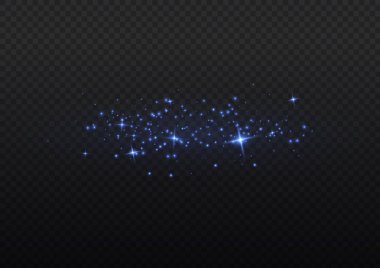 Şeffaf arkaplanda izole edilmiş pek çok sim parçacığı ile parlayan ışık efekti. Mavi tozlu yıldızlı bulut. Parlayan yıldızlar, ışıklar ve parıltılar. Noel tozu kıvılcımları. Vektör illüstrasyonu.