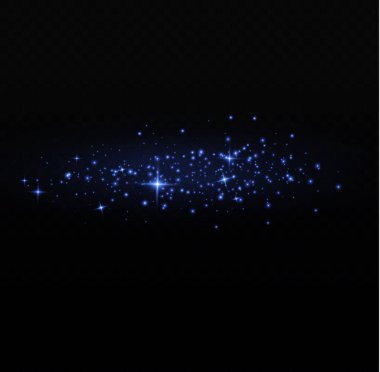 Şeffaf arkaplanda izole edilmiş pek çok sim parçacığı ile parlayan ışık efekti. Mavi tozlu yıldızlı bulut. Parlayan yıldızlar, ışıklar ve parıltılar. Noel tozu kıvılcımları. Vektör illüstrasyonu.