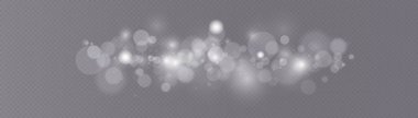 Soyut gümüş bokeh ışıkları ve parıltılar. Yıldız tozu, mercek patlaması. Sihirli bulanık beyaz toz. Noel ışığı tozu, kıvılcımlar. Muhteşem ışıltı efekti. Xmas 'ın arka planı parıldıyor. Vektör