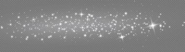 Şeffaf arkaplanda izole edilmiş pek çok sim parçacığı ile parlayan ışık efekti. Beyaz tozlu yıldız bulutu. Parlayan yıldızlar, ışıklar ve parıltılar. Noel tozu kıvılcımları. Vektör illüstrasyonu.