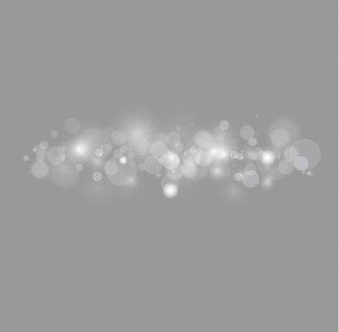 Soyut gümüş bokeh ışıkları ve parıltılar. Yıldız tozu, mercek patlaması. Sihirli bulanık beyaz toz. Noel ışığı tozu, kıvılcımlar. Muhteşem ışıltı efekti. Xmas 'ın arka planı parıldıyor. Vektör