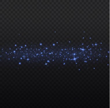 Şeffaf arkaplanda izole edilmiş pek çok sim parçacığı ile parlayan ışık efekti. Mavi tozlu yıldızlı bulut. Parlayan yıldızlar, ışıklar ve parıltılar. Noel tozu kıvılcımları. Vektör illüstrasyonu.