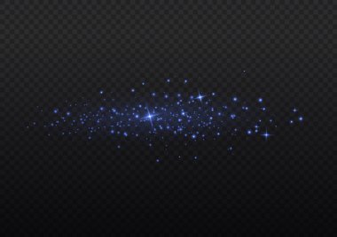 Şeffaf arkaplanda izole edilmiş pek çok sim parçacığı ile parlayan ışık efekti. Mavi tozlu yıldızlı bulut. Parlayan yıldızlar, ışıklar ve parıltılar. Noel tozu kıvılcımları. Vektör illüstrasyonu.
