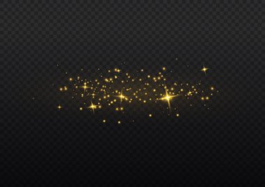 Şeffaf arkaplanda izole edilmiş pek çok sim parçacığı ile parlayan ışık efekti. Sarı tozlu yıldız bulutu. Parlayan altın yıldızlar, ışıklar ve parıltılar. Noel altın tozu kıvılcımlar saçar. Vektör
