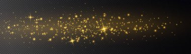 Şeffaf arkaplanda izole edilmiş pek çok sim parçacığı ile parlayan ışık efekti. Sarı tozlu yıldız bulutu. Parlayan altın yıldızlar, ışıklar ve parıltılar. Noel altın tozu kıvılcımlar saçar. Vektör