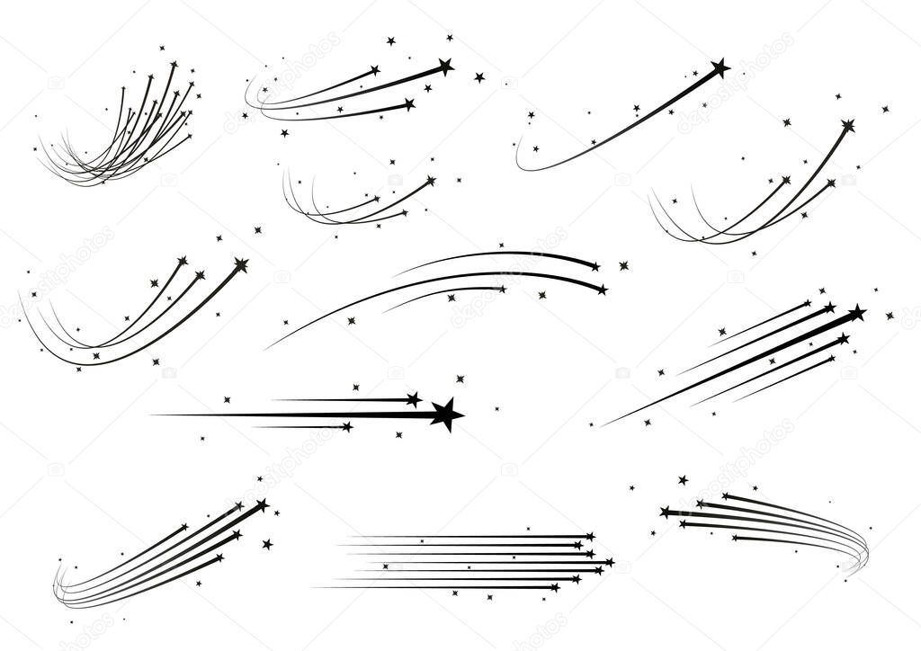 Abstract shooting star, falling star with a powerful trail star on a white background Meteoroid, comet, speed line, motion vortex, asteroid, speed motion line.