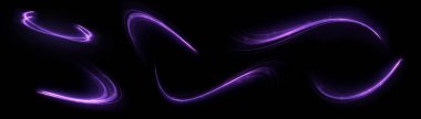 Mor parlak çizgiler vektör arkaplanını etkiler. Işık saçan menekşe hız çizgileri. Parlak ışık efekti. Işık dalgası, ateş yolu iz çizgisi ve akkor eğri.