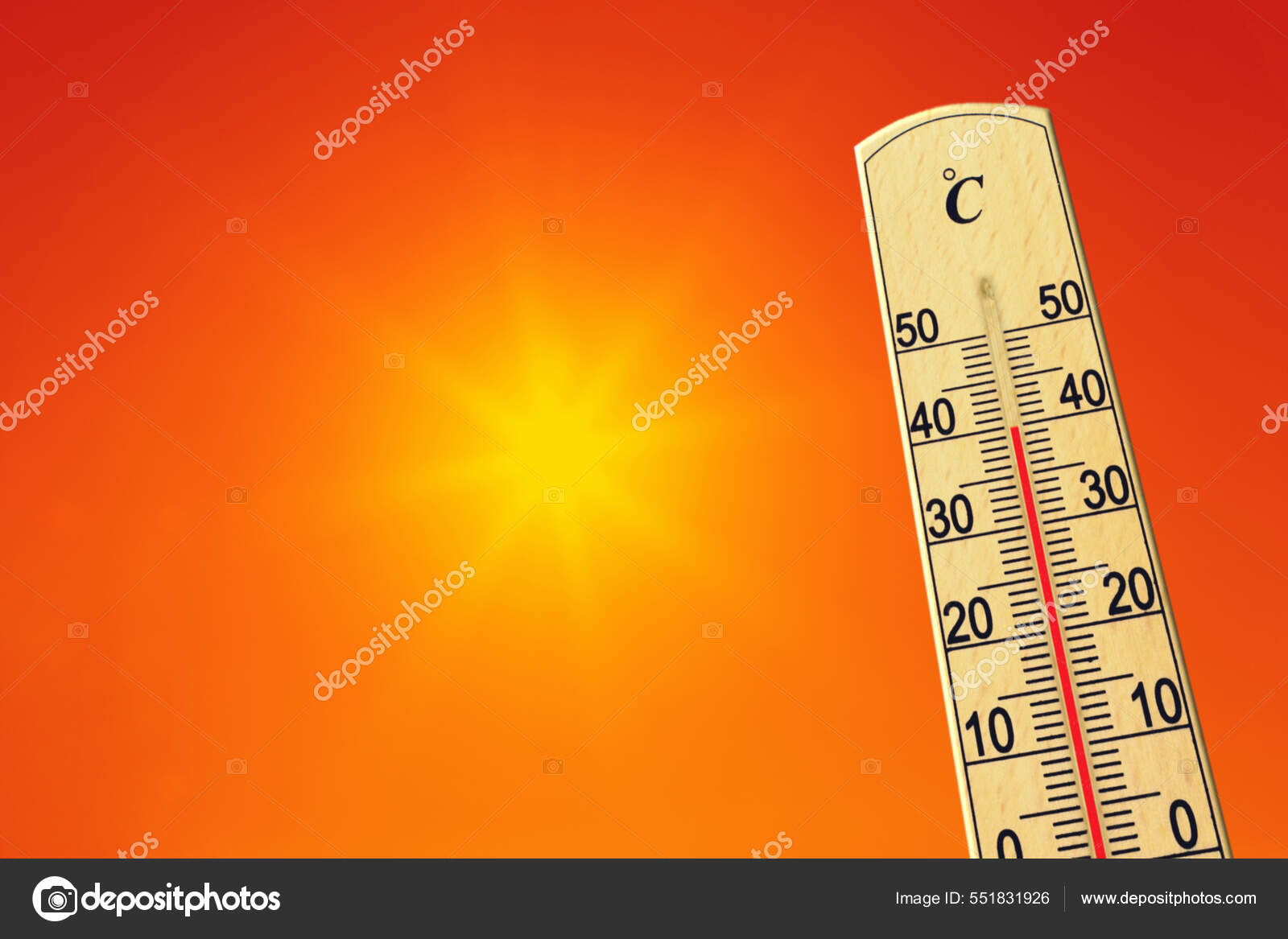 Heat, thermometer shows the temperature is hot in the sky, Summer Stock  Photo