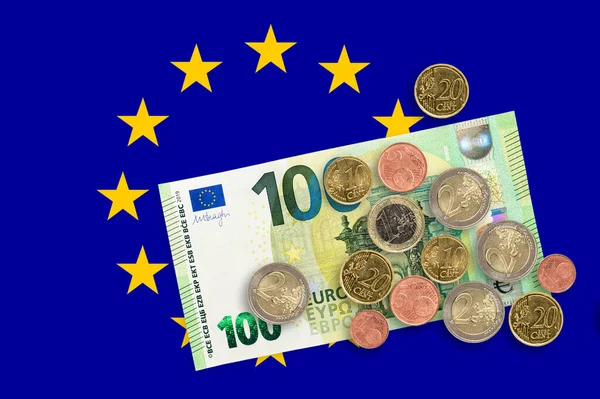 Moeda União Europeia Sobre Bandeira Comunidade Económica Europeia Eur Moeda — Fotografia de Stock