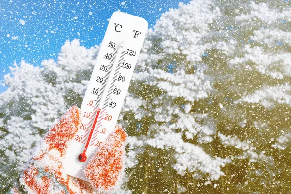 Beyaz santigrat ve fahrenheit termometre ellerinde. Çevre sıcaklığı sıfır derece.