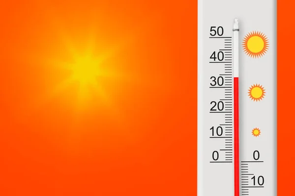 Das Thermometer Zeigt Grad Gelbe Sonne Roten Himmel Sommerhitze — Stockfoto