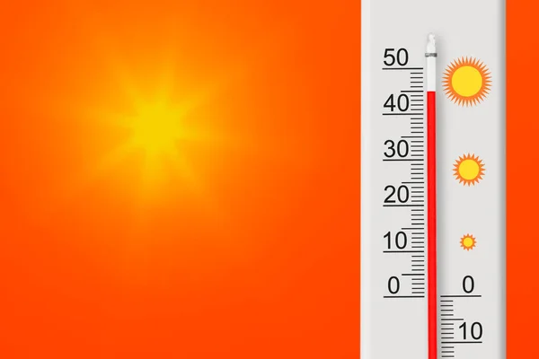 Термометр Шкале Цельсия Показывает Плюс Градусов Жёлтое Солнце Красном Небе — стоковое фото