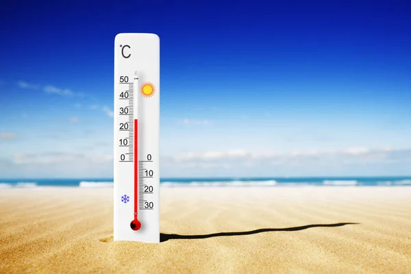 Hot summer day. Celsius scale thermometer in the sand. Ambient temperature plus 27 degrees 