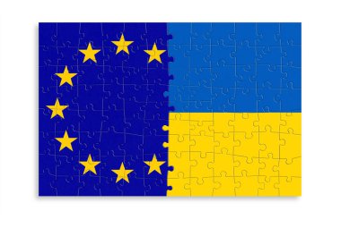 AB ve Ukrayna bayraklarından yapılmış bulmacalar. Avrupa Birliği ile Ukrayna arasındaki ilişki