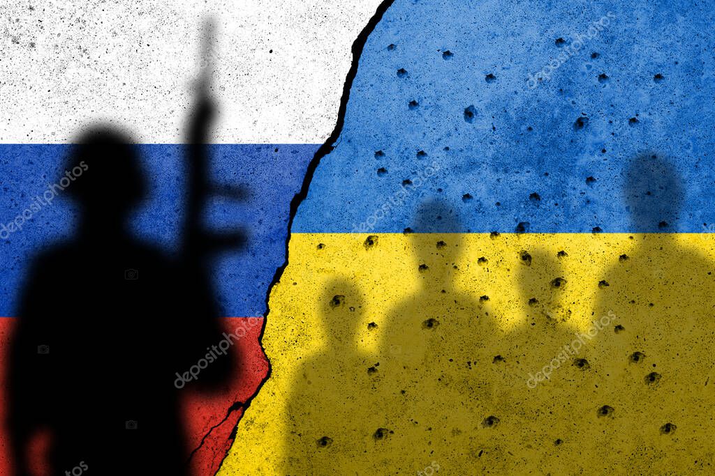 Flag of Ukraine and Russia painted on a concrete wall with ukrainian civilians and a russian soldiers shadows. Russian military aggression