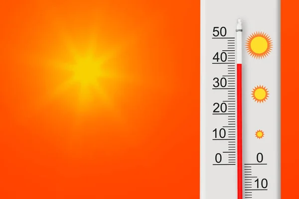 Das Thermometer Zeigt Grad Gelbe Sonne Roten Himmel Sommerhitze — Stockfoto