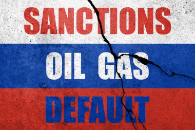 Beton bir duvarda Rusya bayrağı var. Rus ekonomik çöküşü ve temerrüdü