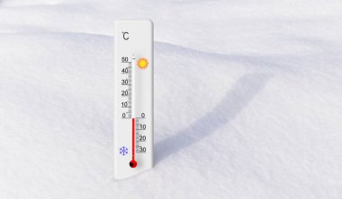 Karda beyaz santigrat termometresi. Çevre sıcaklığı sıfır derece