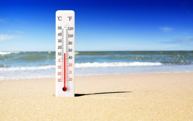 Sıcak yaz günü. Kumda Celsius ve Fahrenheit termometresi. Çevre sıcaklığı artı 13 derece.
