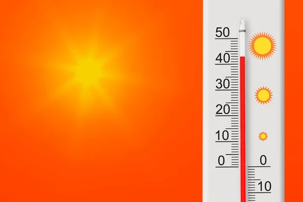 Celsius Skála Hőmérője Plusz Fokot Mutat Sárga Nap Vörös Égen — Stock Fotó