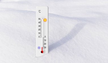 Karda beyaz santigrat termometresi. Çevre sıcaklığı eksi 27 derece.