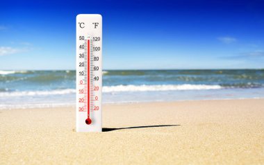 Sıcak yaz günü. Kumda Celsius ve Fahrenheit termometresi. Çevre sıcaklığı artı 50 derece
