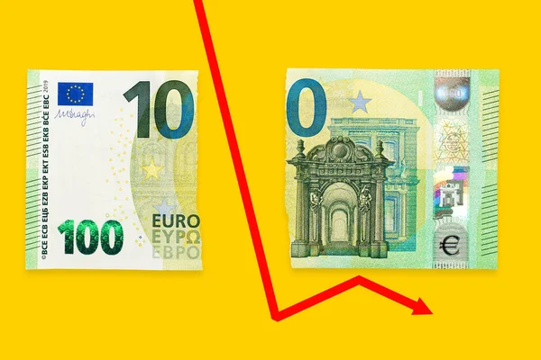 Concept Financial Crisis Recession 100 Euro Note Isolated White Background — 스톡 사진