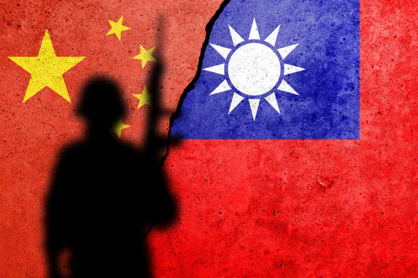 China Taiwan Flags Painted Concrete Wall Soldier Shadow — Stock Photo, Image