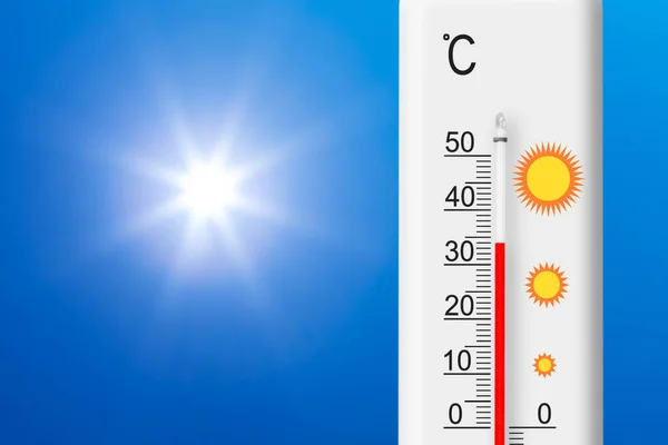 Celsius termometresi artı 34 derece gösteriyor. Mavi gökyüzünde sarı güneş. Yaz sıcağı