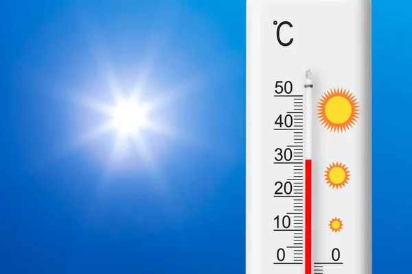 Celsius Scale Thermometer Shows Degrees Yellow Sun Blue Sky Summer — Zdjęcie stockowe