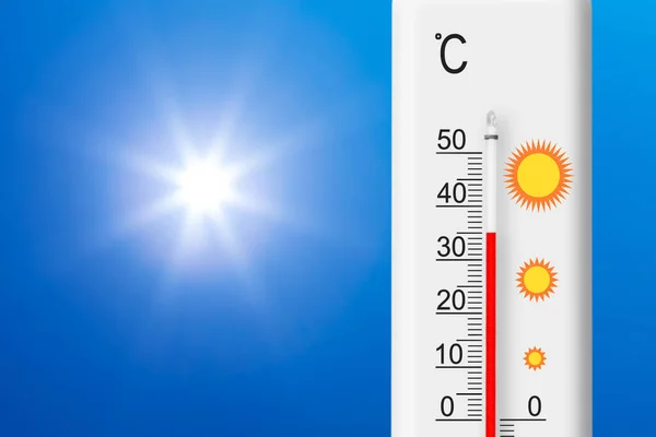 Termómetro Escala Celsius Mostra Mais Graus Sol Amarelo Céu Azul — Fotografia de Stock