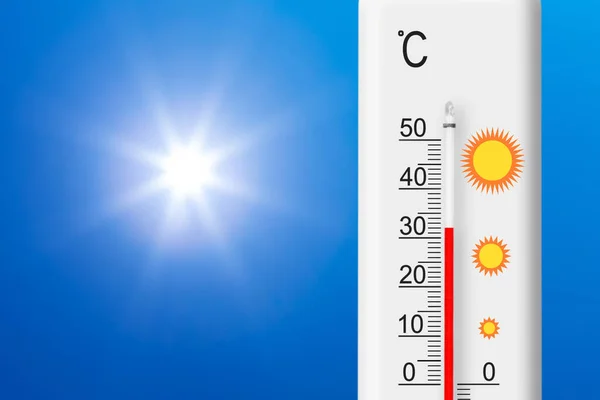 Celsius Skála Hőmérője Plusz Fokot Mutat Sárga Nap Kék Égen — Stock Fotó