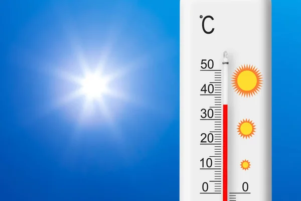 Das Thermometer Zeigt Grad Gelbe Sonne Blauen Himmel Sommerhitze — Stockfoto