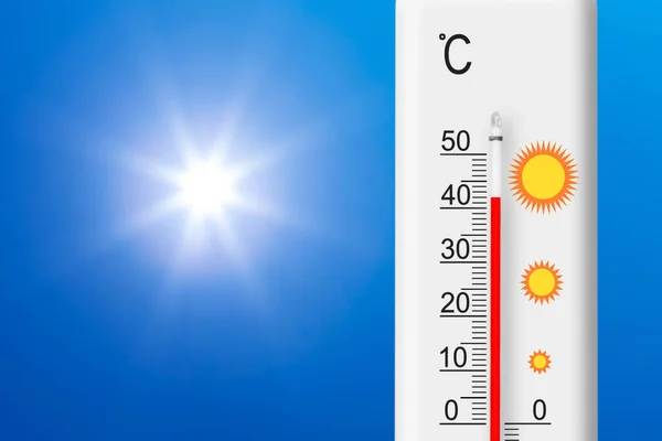 Celsius Skála Hőmérője Plusz Fokot Mutat Sárga Nap Kék Égen — Stock Fotó