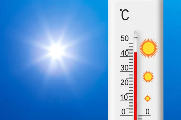 Celsius Skála Hőmérője Plusz Fokot Mutat Sárga Nap Kék Égen — Stock Fotó